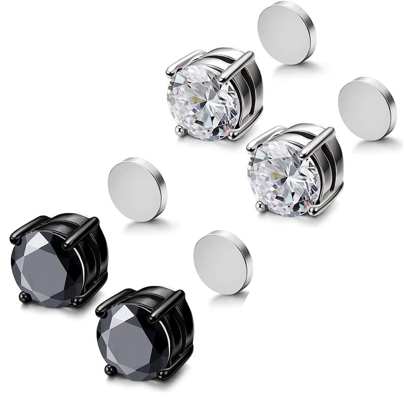 SIISPRI YZstyle 2 Pairs Stainless Steel Magnetic Stud Earrings for Men Women Non-piercing CZ Clip on CZ Earrings Hypoallergenic(Black + Silver)6MM-8MM (6MMBlack + Silver) - Image 4